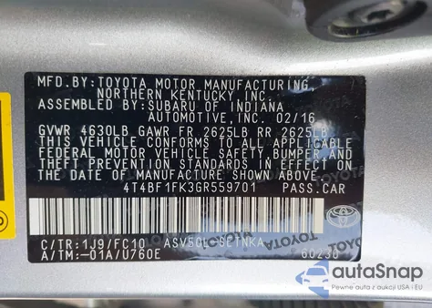 2016 Toyota Camry Le z USA, uszkodzony, nr VIN 4T4BF1FK3GR559701